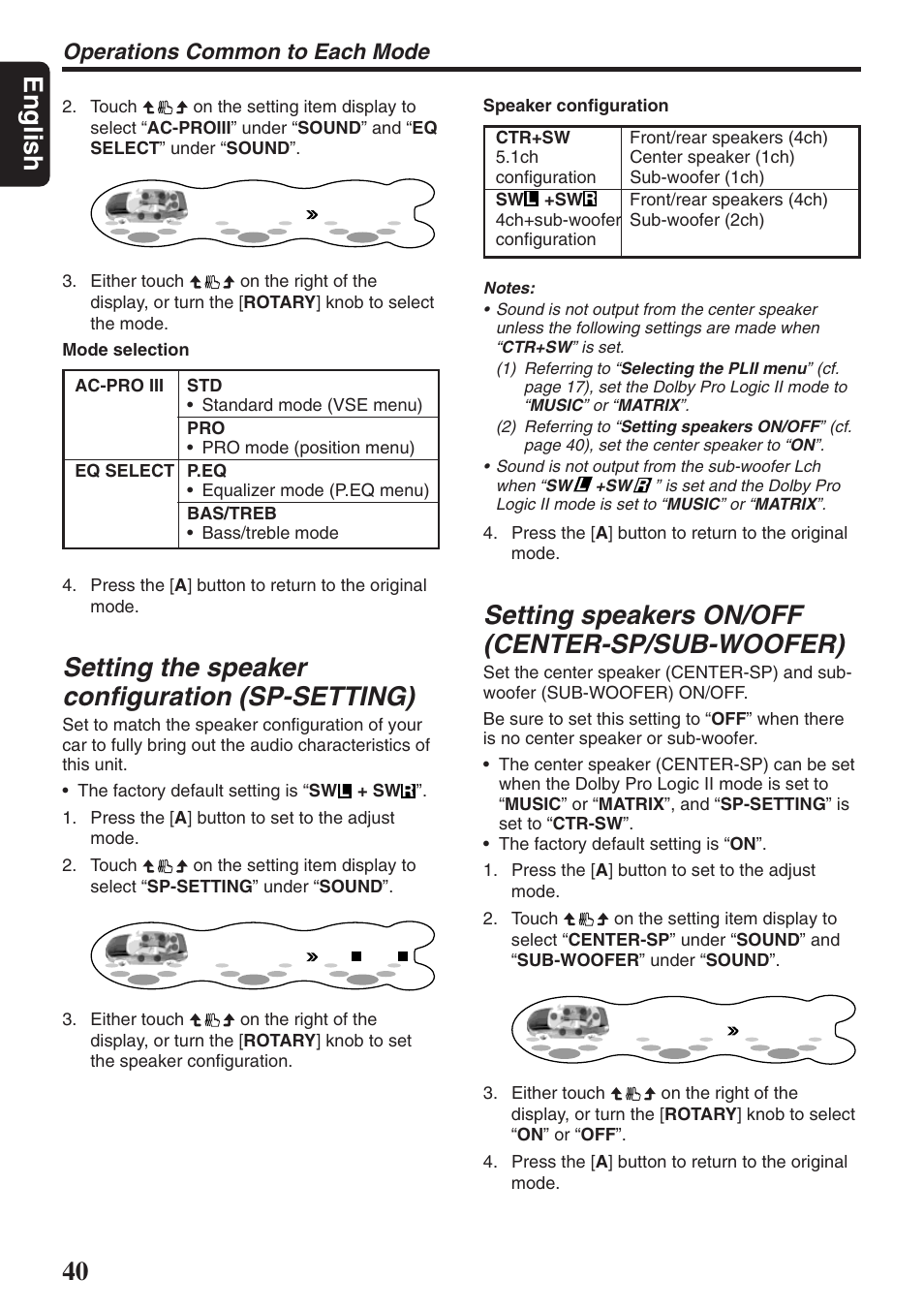 English, Setting the speaker configuration (sp-setting), Setting speakers on/off (center-sp/sub-woofer) | Operations common to each mode | Clarion DXZ946MP User Manual | Page 40 / 59