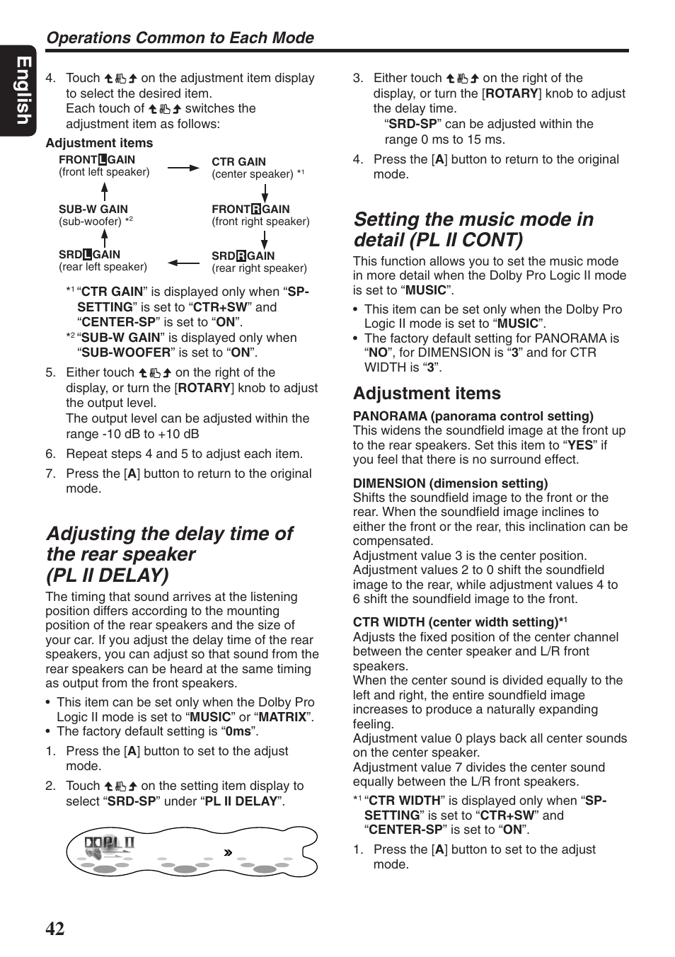English, Setting the music mode in detail (pl ii cont), Adjustment items | Operations common to each mode | Clarion DXZ946MP User Manual | Page 42 / 59