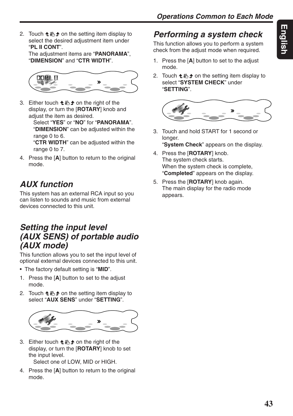 43 english, Aux function, Performing a system check | Operations common to each mode | Clarion DXZ946MP User Manual | Page 43 / 59