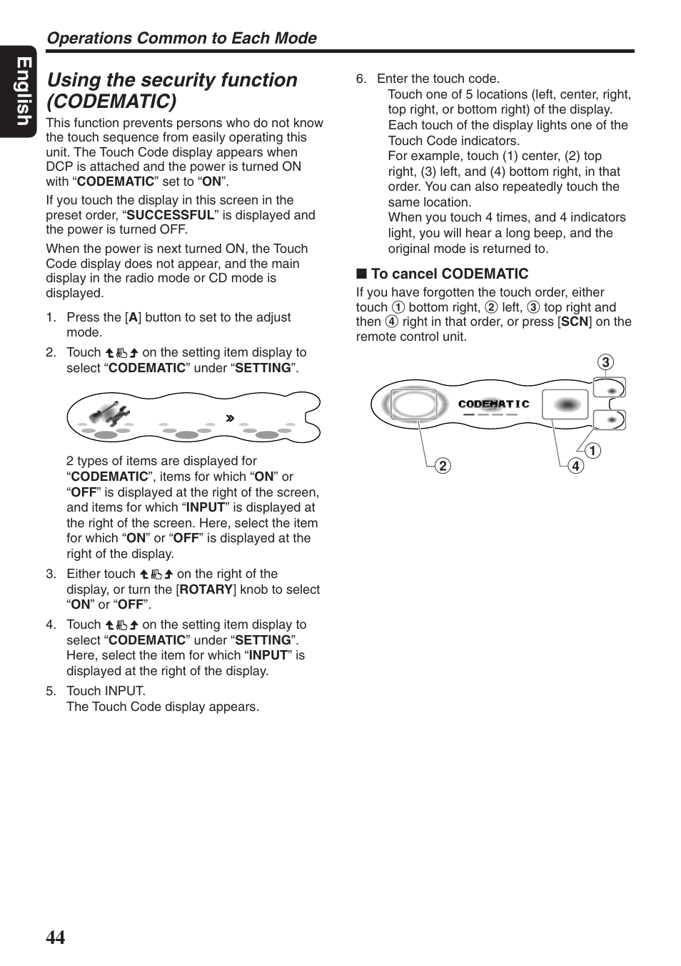 English using the security function (codematic), Operations common to each mode | Clarion DXZ946MP User Manual | Page 44 / 59