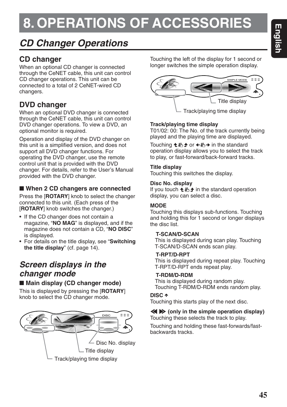 Operations of accessories, Cd changer operations, 45 english | Screen displays in the changer mode, Cd changer, Dvd changer | Clarion DXZ946MP User Manual | Page 45 / 59