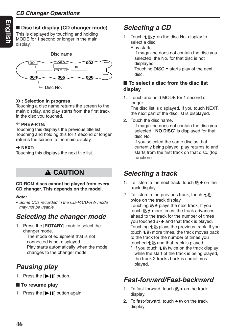 English, Caution, Selecting the changer mode | Pausing play, Selecting a cd, Selecting a track, Fast-forward/fast-backward, Cd changer operations | Clarion DXZ946MP User Manual | Page 46 / 59