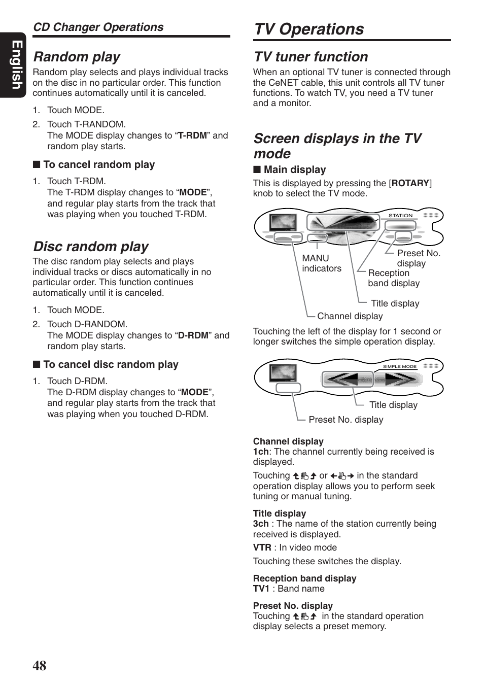 Tv operations, English random play, Disc random play | Tv tuner function, Screen displays in the tv mode, Cd changer operations | Clarion DXZ946MP User Manual | Page 48 / 59