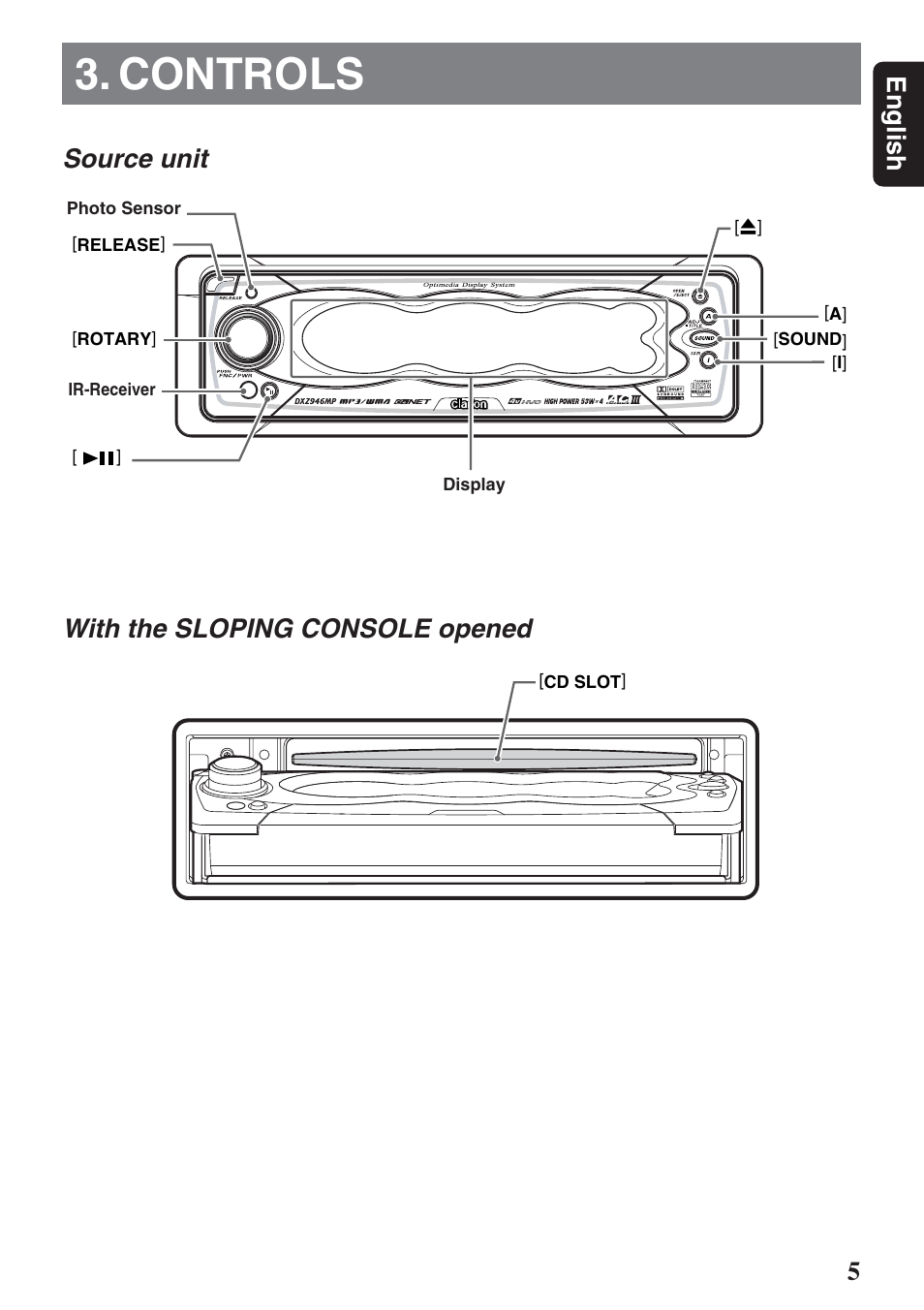 Controls, 5english, Source unit with the sloping console opened | Clarion DXZ946MP User Manual | Page 5 / 59