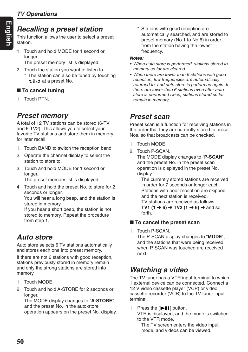 English recalling a preset station, Auto store, Preset scan | Watching a video, Tv operations | Clarion DXZ946MP User Manual | Page 50 / 59