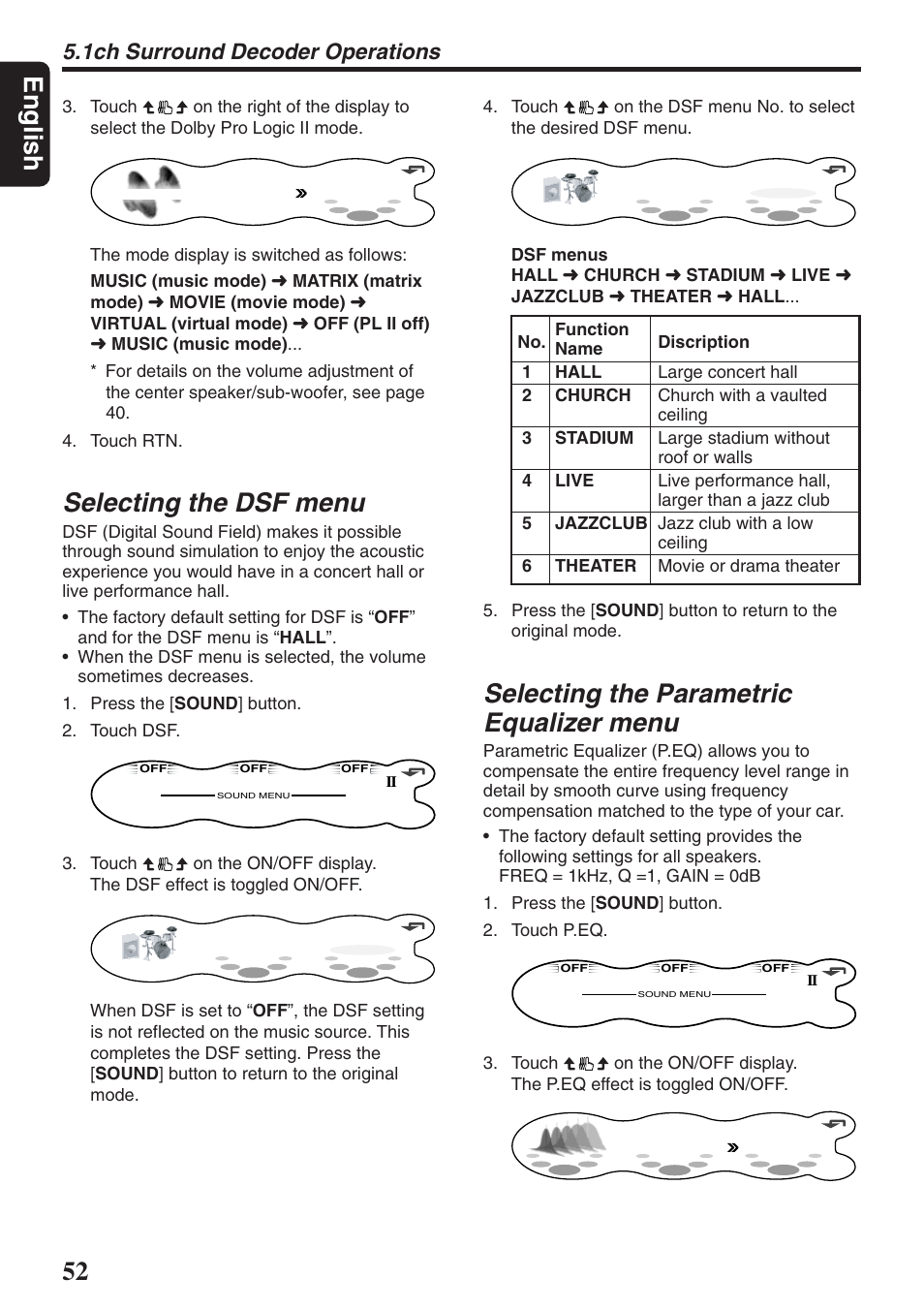 English, Selecting the dsf menu, Selecting the parametric equalizer menu | 1ch surround decoder operations | Clarion DXZ946MP User Manual | Page 52 / 59