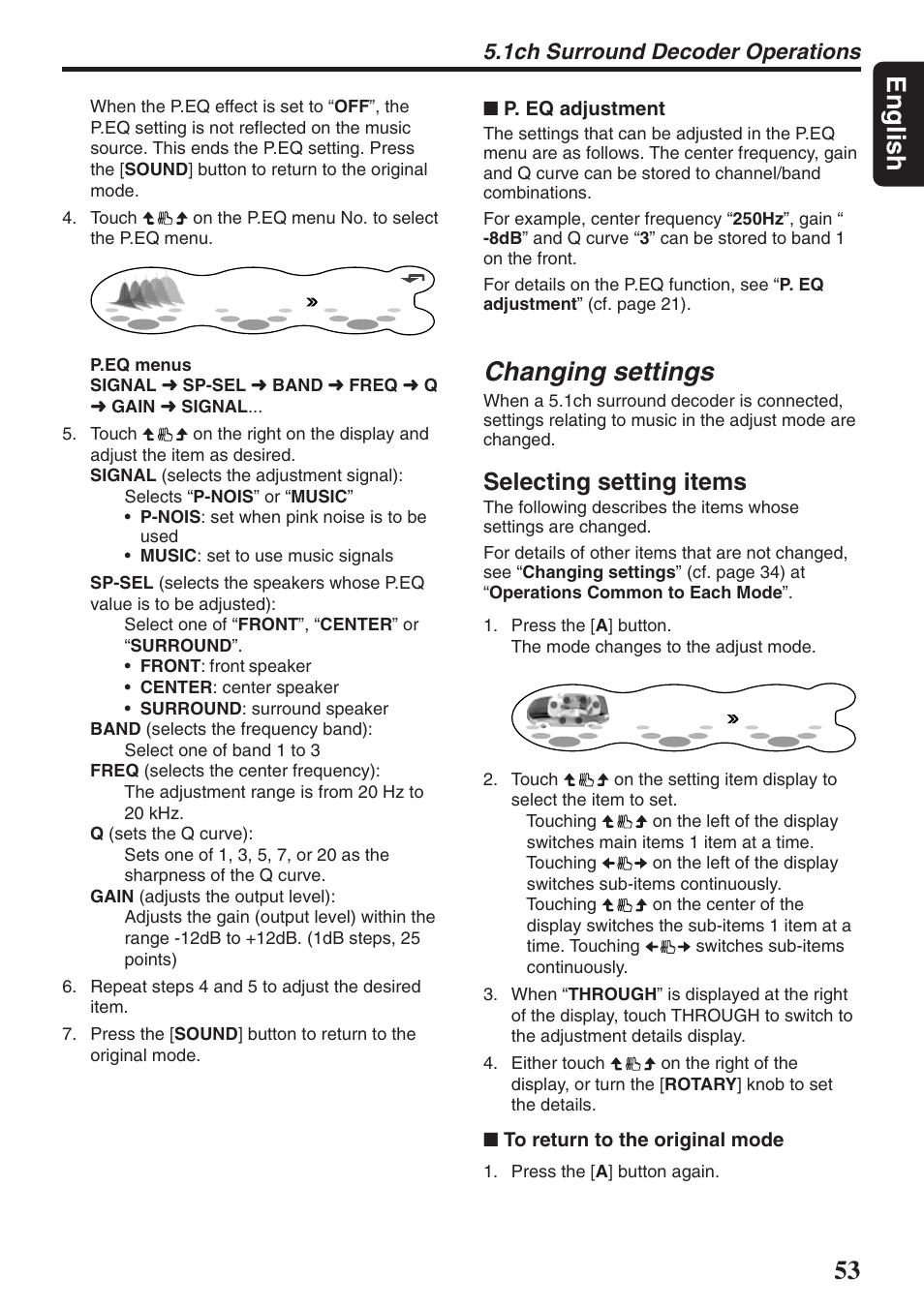 53 english, Changing settings, Selecting setting items | 1ch surround decoder operations | Clarion DXZ946MP User Manual | Page 53 / 59