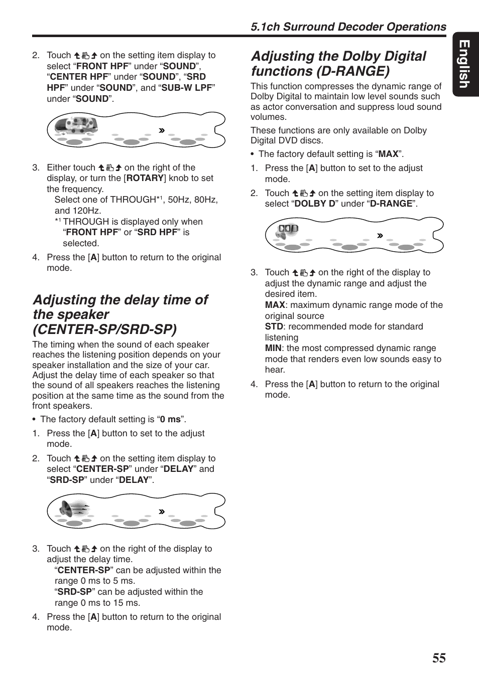 55 english, Adjusting the dolby digital functions (d-range), 1ch surround decoder operations | Clarion DXZ946MP User Manual | Page 55 / 59