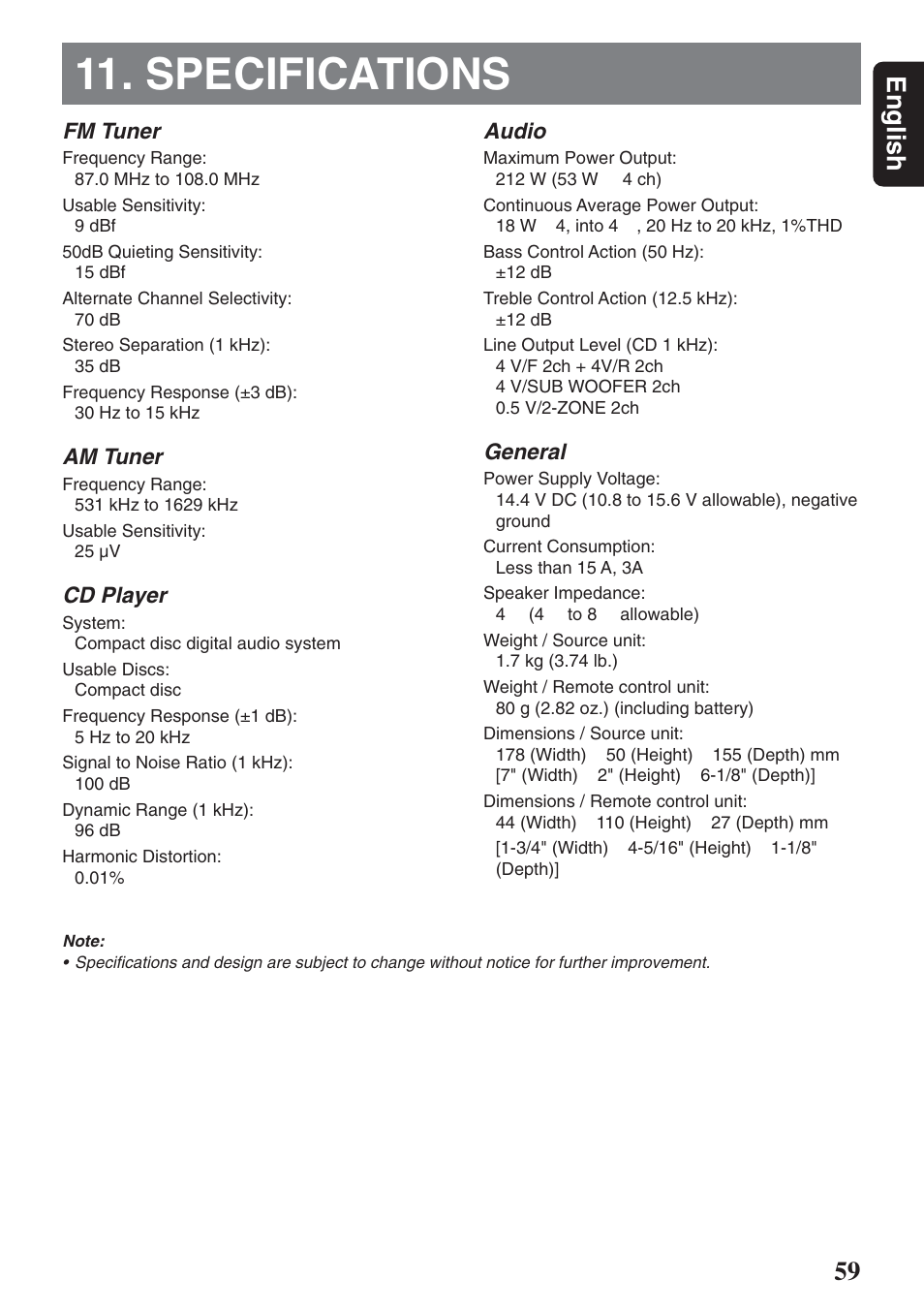 Specifications, 59 english, Audio | General, Fm tuner, Am tuner, Cd player | Clarion DXZ946MP User Manual | Page 59 / 59