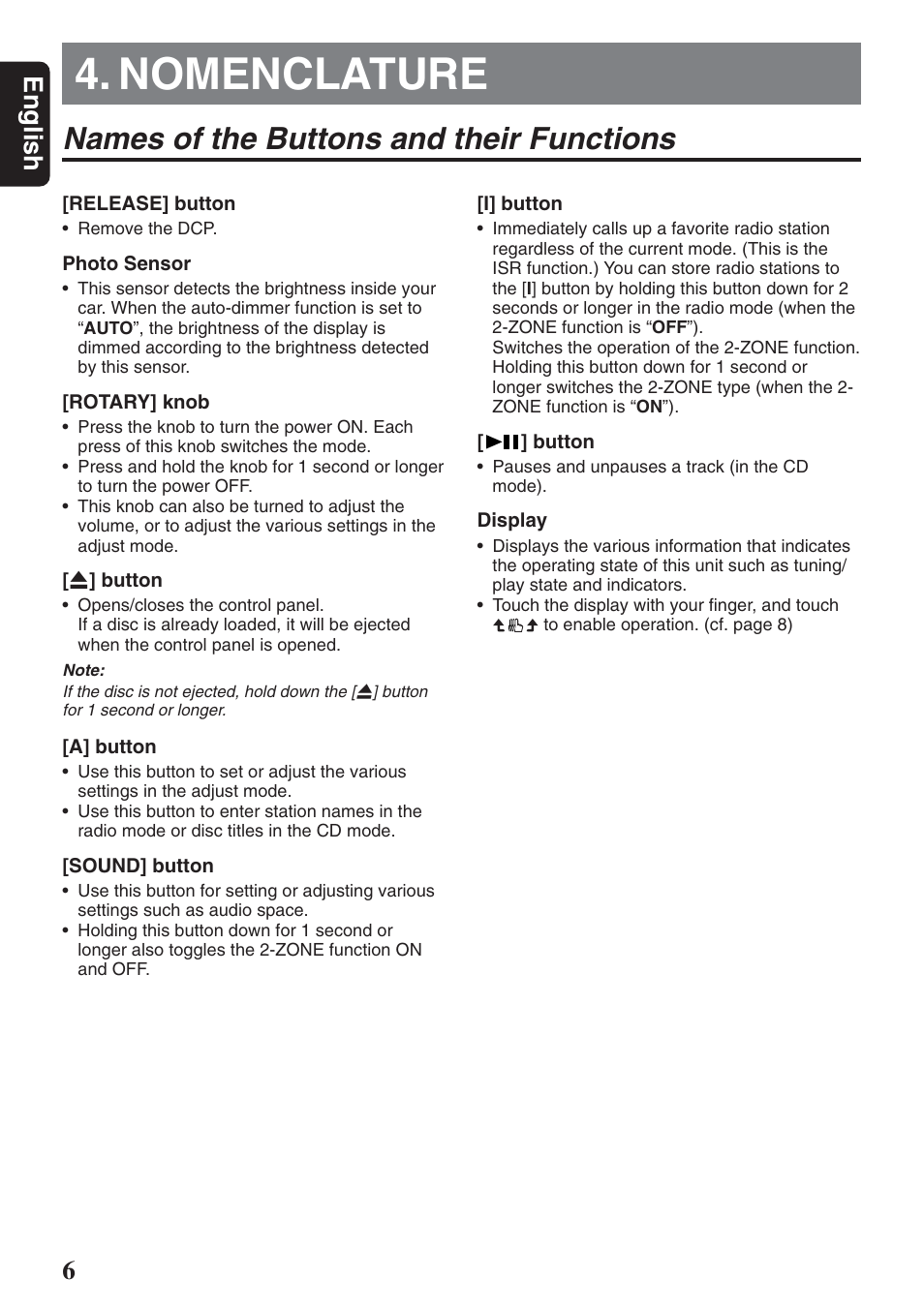 Nomenclature, Names of the buttons and their functions, English | Clarion DXZ946MP User Manual | Page 6 / 59