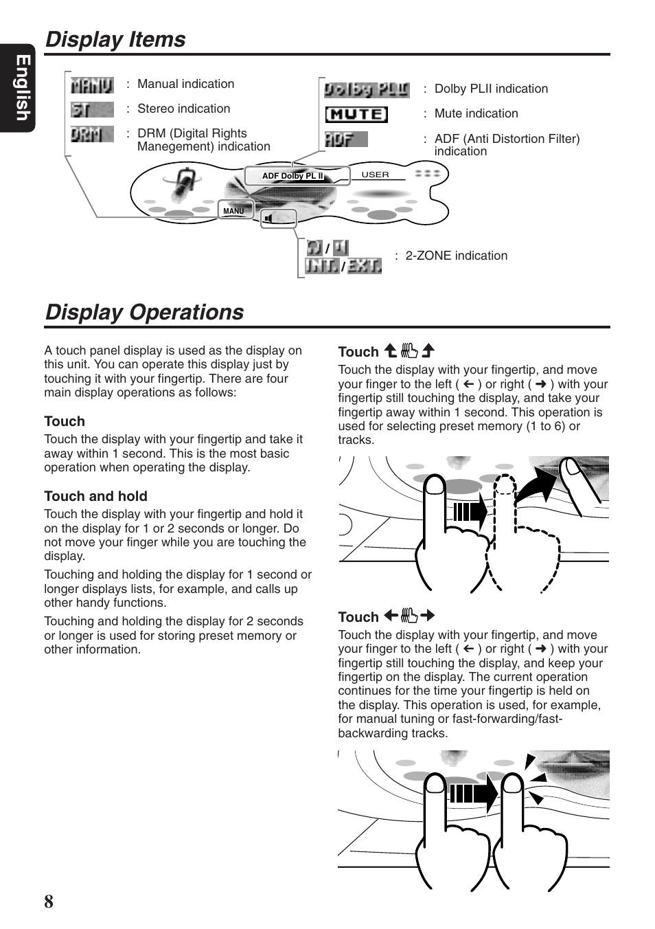 Display items, Display operations, English | 10mhz | Clarion DXZ946MP User Manual | Page 8 / 59