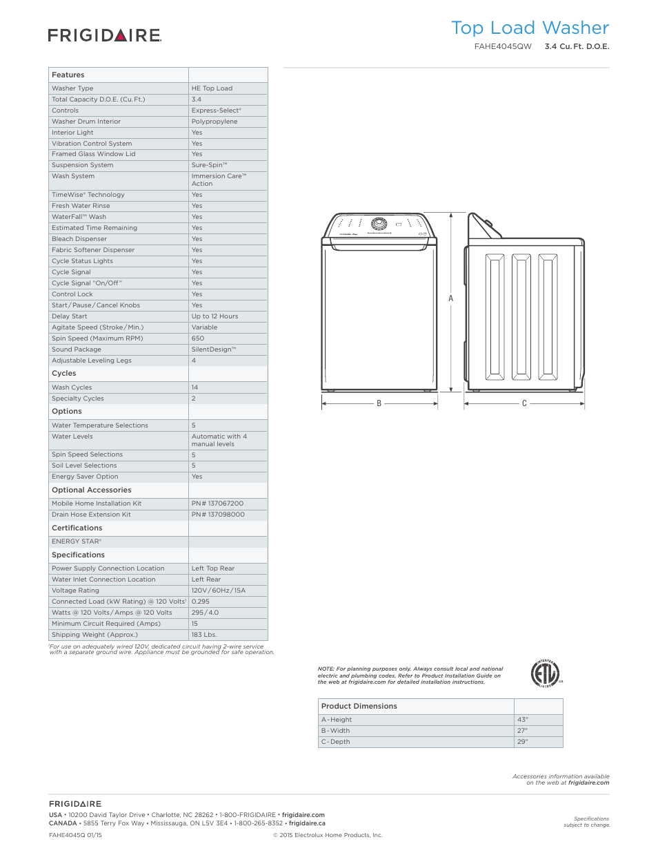 Top load washer | FRIGIDAIRE Affinity Washer FAHE4045QW User Manual | Page 2 / 2