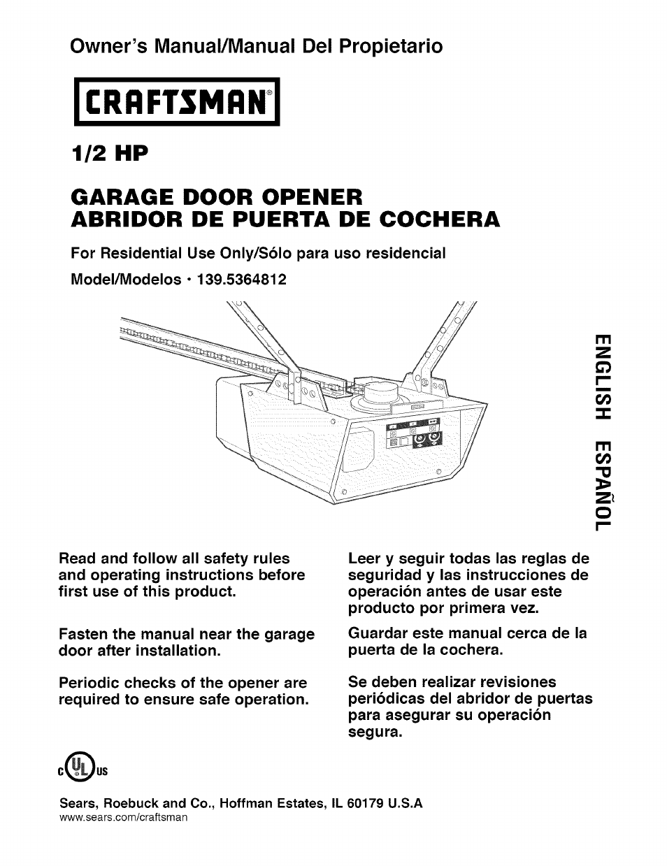 Craftsman 1/2 HP GARAGE DOOR OPENER MODEL 139.5364812 User Manual | 40 pages