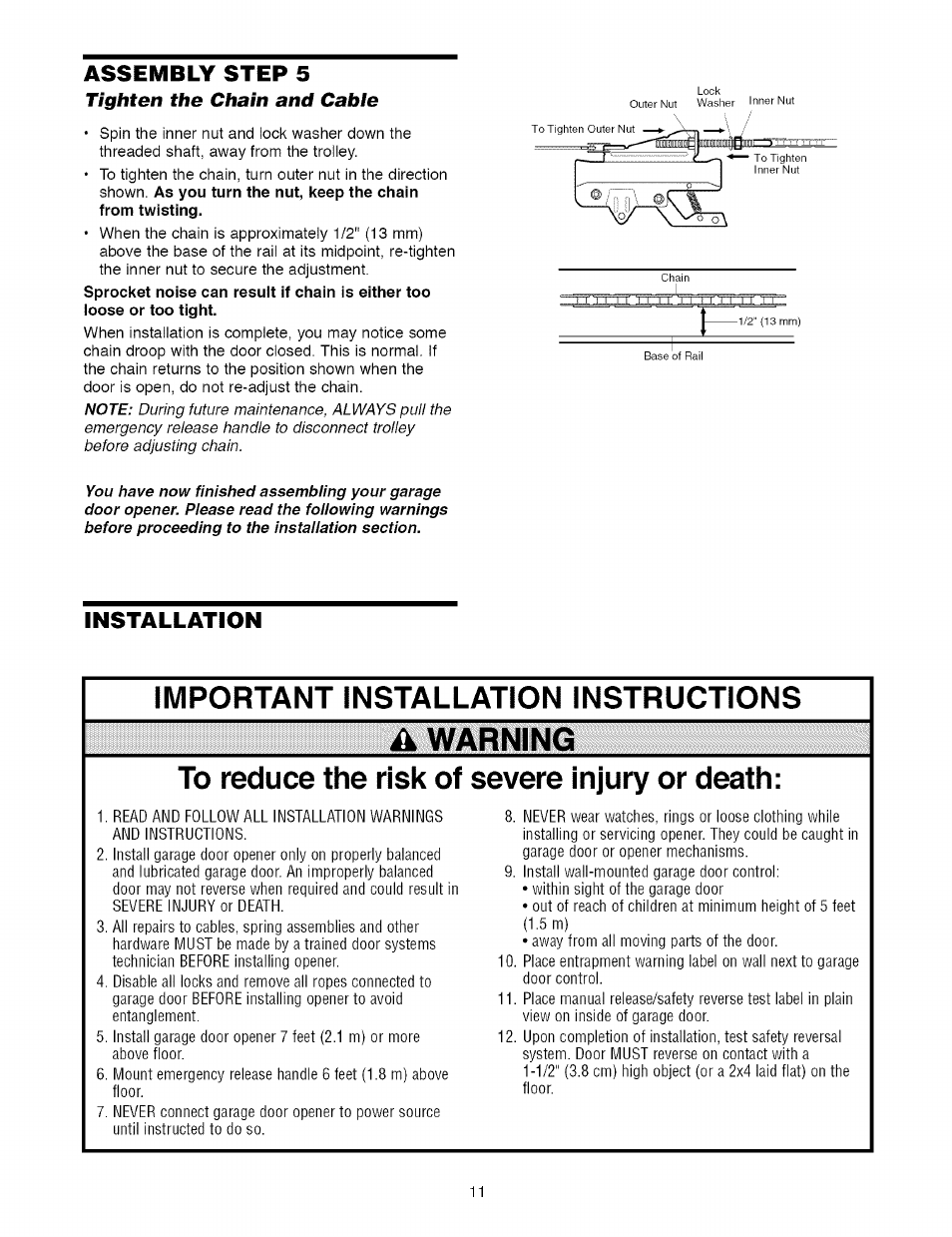 Tighten the chain and cabie, Installation, Tighten the chain and cable | Warning, Important installation instructions, Assembly step 5 | Craftsman 1/2 HP GARAGE DOOR OPENER MODEL 139.5364812 User Manual | Page 11 / 40