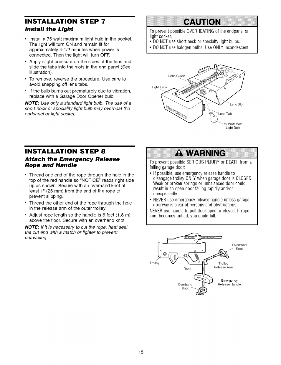 Install the light, Installation step 8, Attach the emergency release rope and handle | Caution, Warning | Craftsman 1/2 HP GARAGE DOOR OPENER MODEL 139.5364812 User Manual | Page 18 / 40