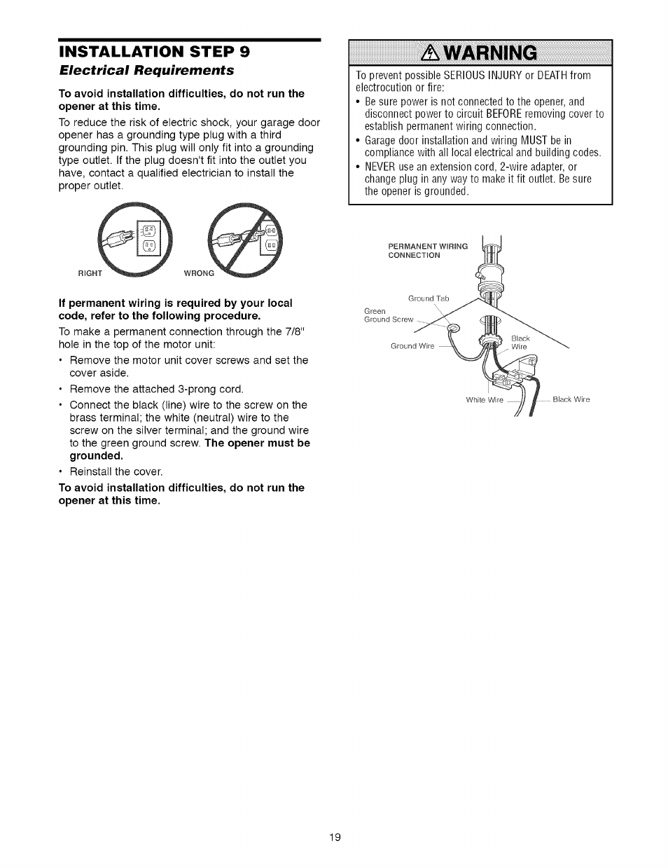 Electrical requirements, A warning, Installation step 9 | Craftsman 1/2 HP GARAGE DOOR OPENER MODEL 139.5364812 User Manual | Page 19 / 40