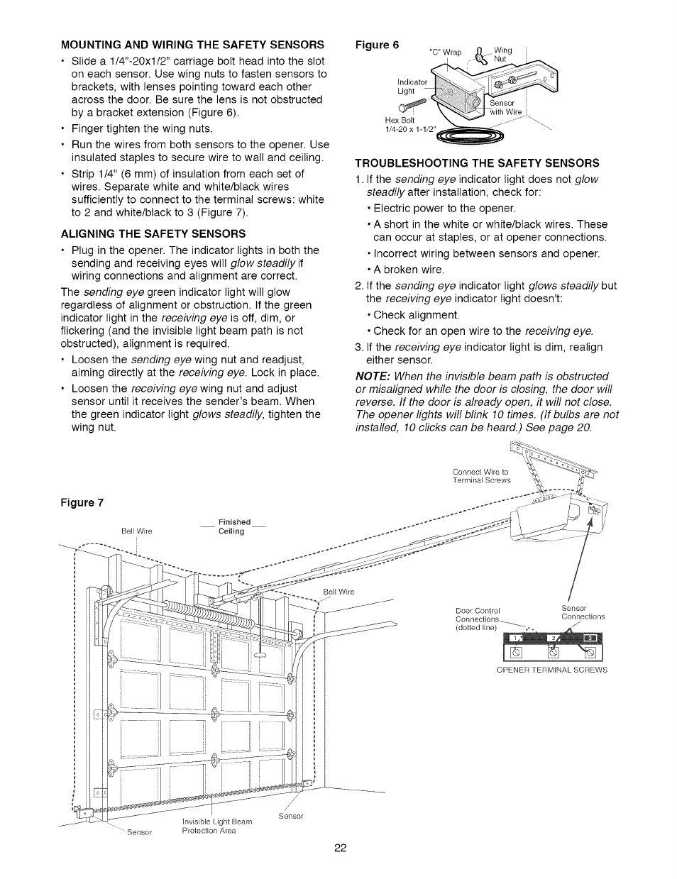 Mounting and wiring the safety sensors, Aligning the safety sensors, Troubleshooting the safety sensors | Craftsman 1/2 HP GARAGE DOOR OPENER MODEL 139.5364812 User Manual | Page 22 / 40