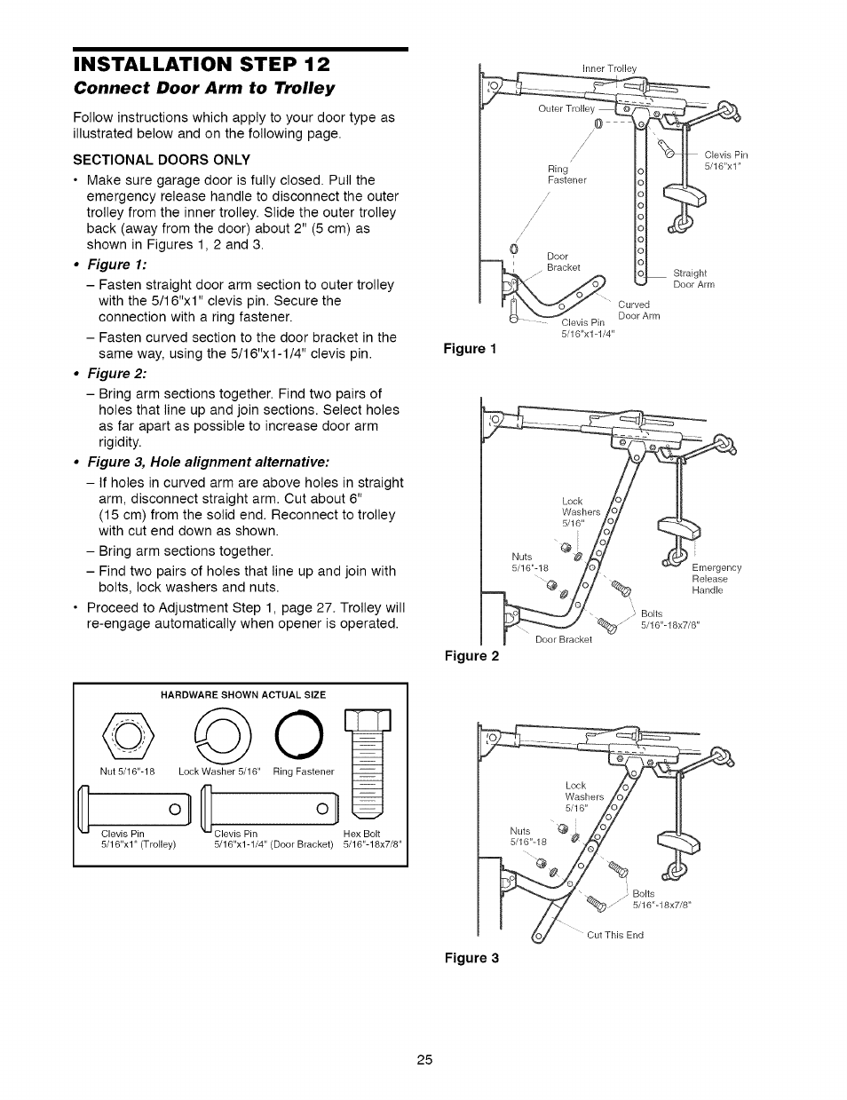 Connect door arm to trolley, Sectional doors only, Connect the door arm to the trolley -26 | Installation step 12 | Craftsman 1/2 HP GARAGE DOOR OPENER MODEL 139.5364812 User Manual | Page 25 / 40