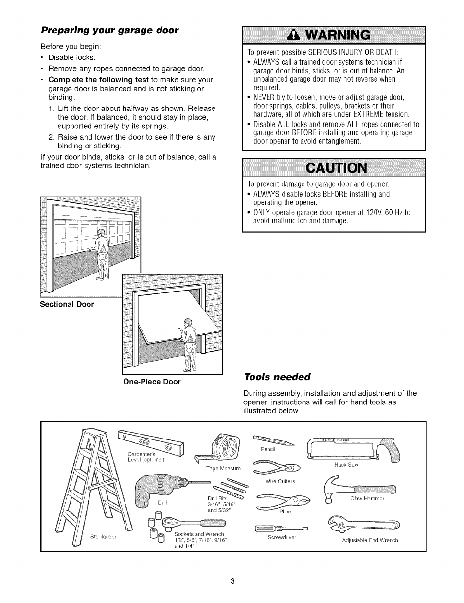 Preparing your garage door, A warning, Caution | Tools needed, Warning | Craftsman 1/2 HP GARAGE DOOR OPENER MODEL 139.5364812 User Manual | Page 3 / 40