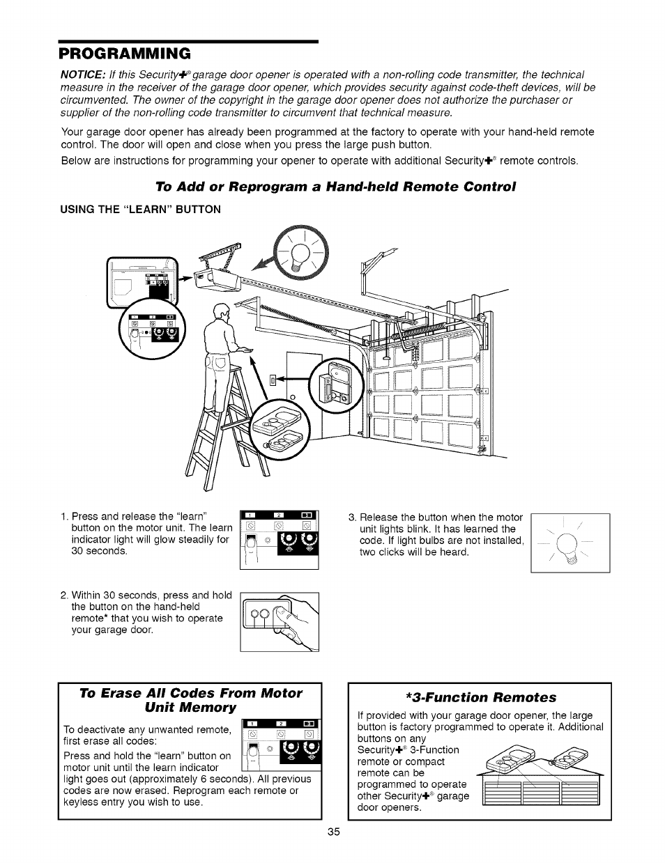 Programming, To add or reprogram a hand-held remote control, Using the “learn” button | To erase all codes from motor unit memory | Craftsman 1/2 HP GARAGE DOOR OPENER MODEL 139.5364812 User Manual | Page 35 / 40