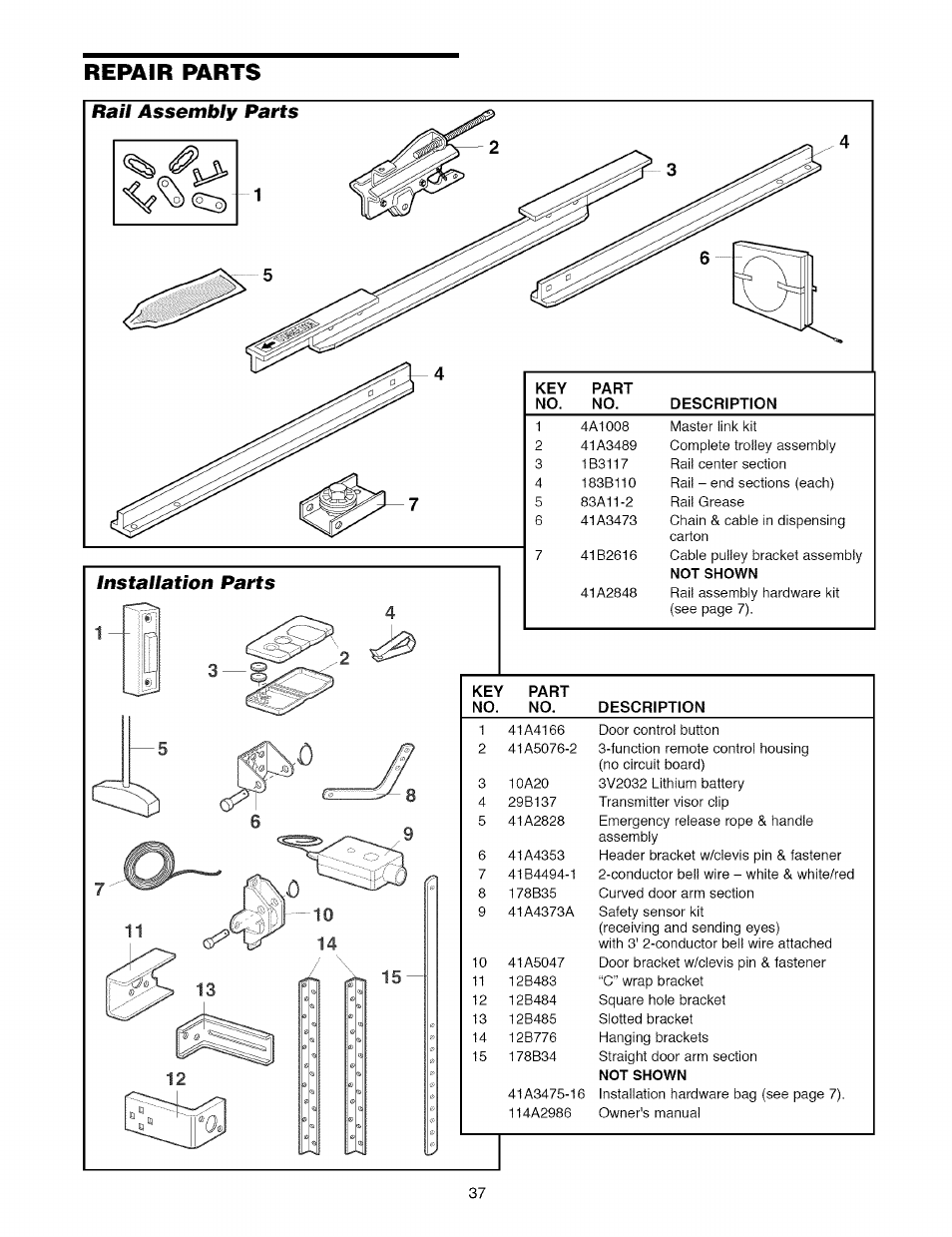 Repair parts, Rail assembly parts, Installation parts | Craftsman 1/2 HP GARAGE DOOR OPENER MODEL 139.5364812 User Manual | Page 37 / 40