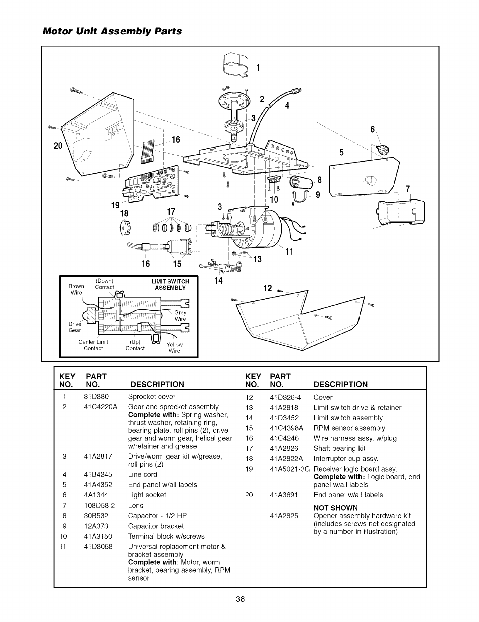 Motor unît assembly parts, Motor unit assembly parts | Craftsman 1/2 HP GARAGE DOOR OPENER MODEL 139.5364812 User Manual | Page 38 / 40