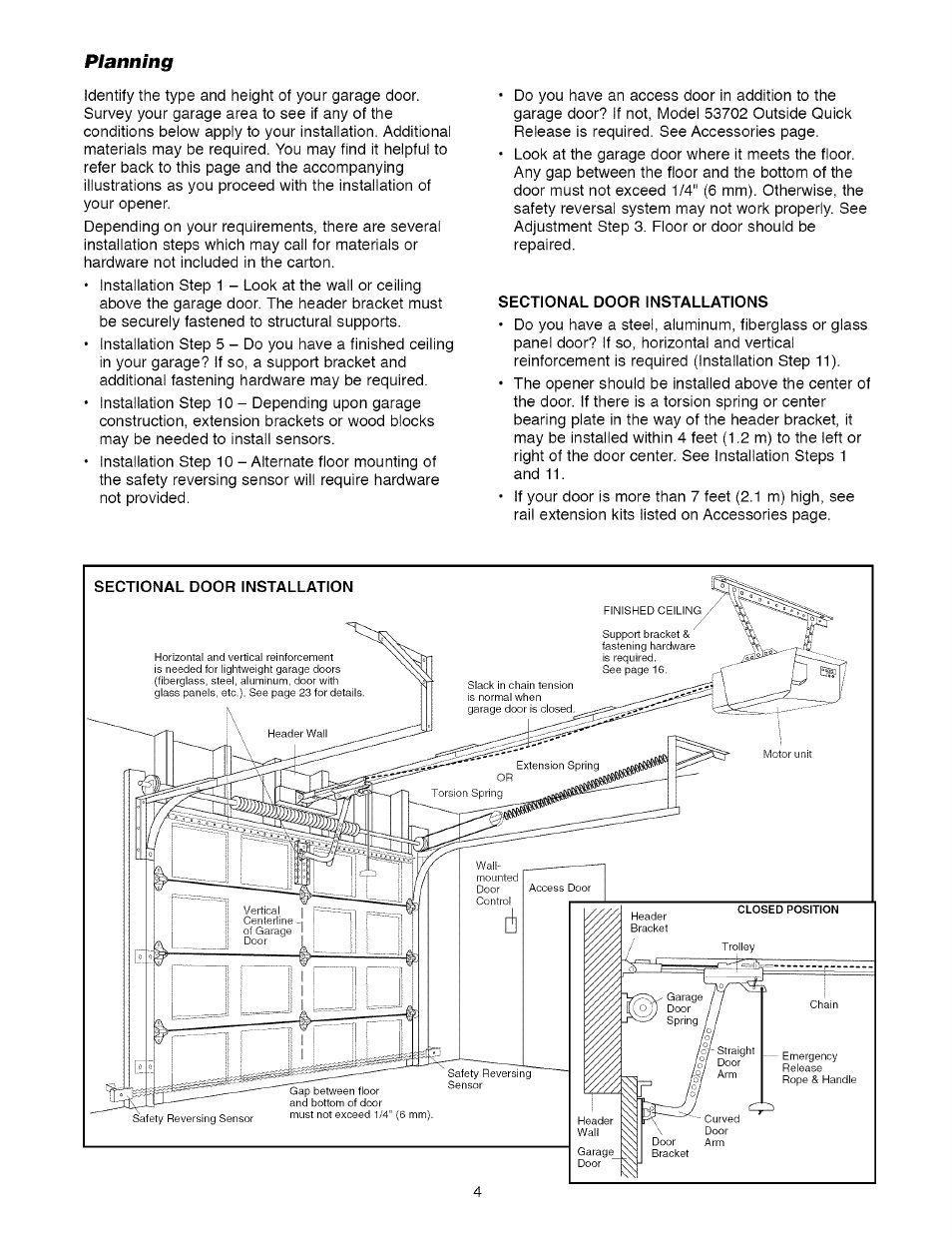 Planning, Sectional door installations, Planning -5 | Craftsman 1/2 HP GARAGE DOOR OPENER MODEL 139.5364812 User Manual | Page 4 / 40