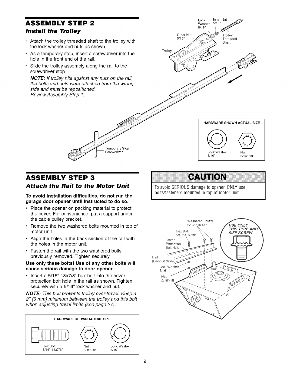 Assembly step 2, Install the trolley, Assembly step 3 | Attach the rail to the motor unit, Caution | Craftsman 1/2 HP GARAGE DOOR OPENER MODEL 139.5364812 User Manual | Page 9 / 40