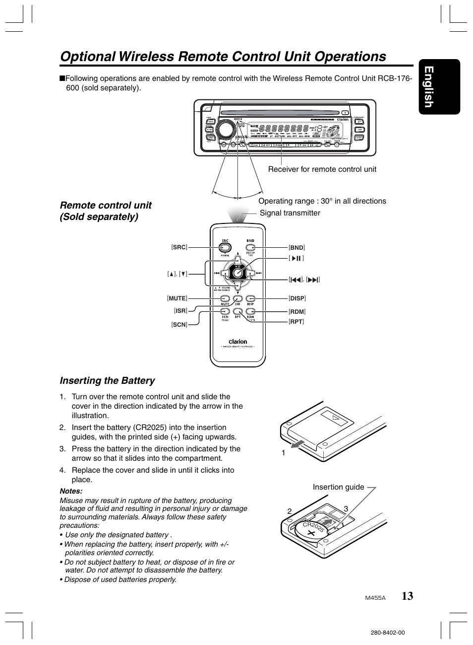 Optional wireless remote control unit operations, 13 english, Remote control unit (sold separately) | Inserting the battery | Clarion M455A User Manual | Page 13 / 36