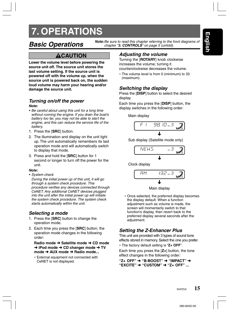 Operations, Basic operations, 15 english | Caution, Turning on/off the power, Selecting a mode, Adjusting the volume, Switching the display, Setting the z-enhancer plus | Clarion M455A User Manual | Page 15 / 36