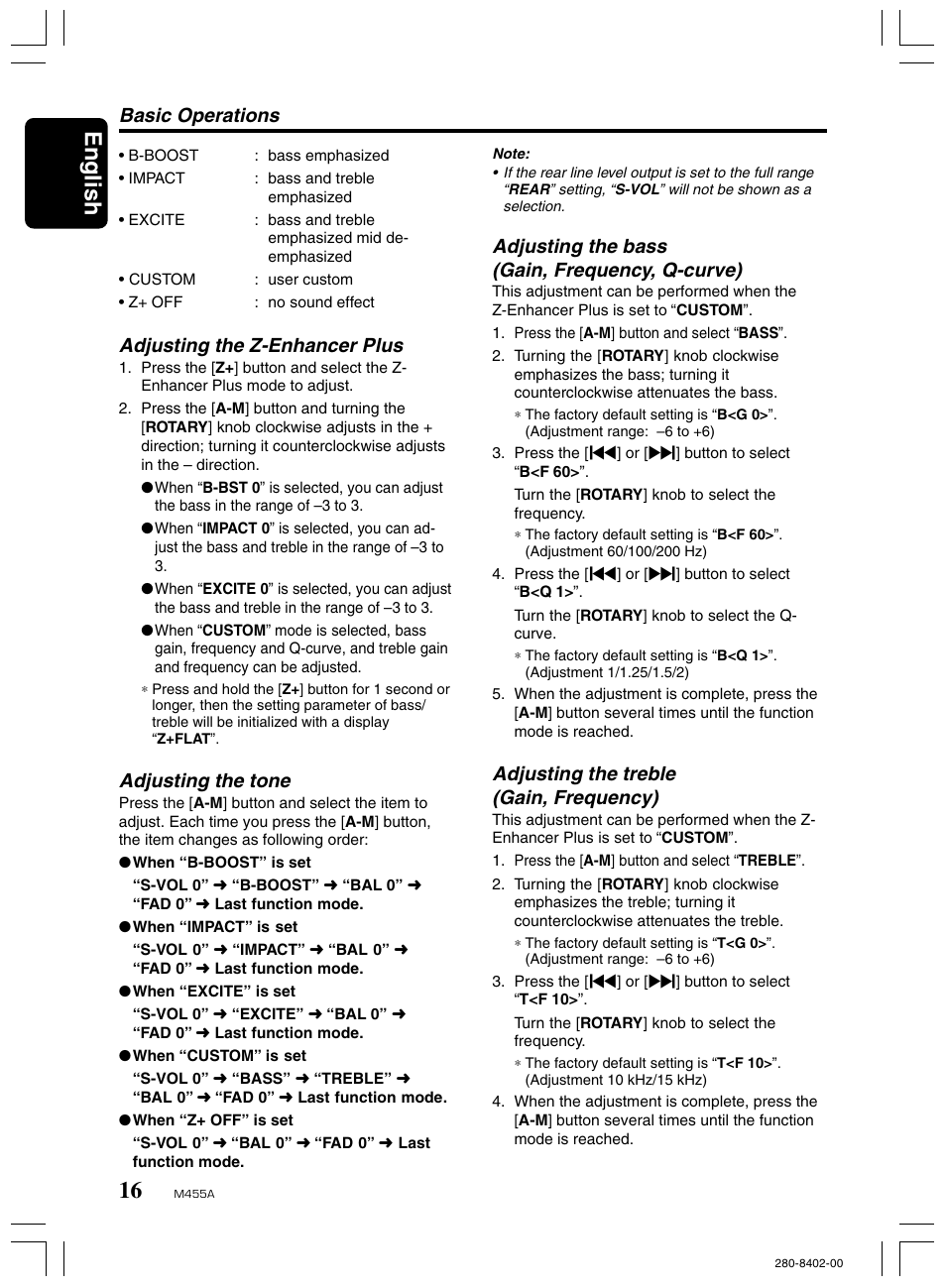 English, Adjusting the z-enhancer plus, Adjusting the tone | Adjusting the bass (gain, frequency, q-curve), Adjusting the treble (gain, frequency), Basic operations | Clarion M455A User Manual | Page 16 / 36
