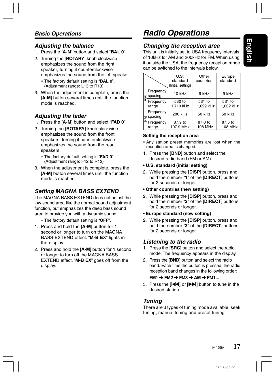 Radio operations, 17 english, Changing the reception area | Basic operations adjusting the balance, Adjusting the fader, Setting magna bass extend, Listening to the radio, Tuning | Clarion M455A User Manual | Page 17 / 36