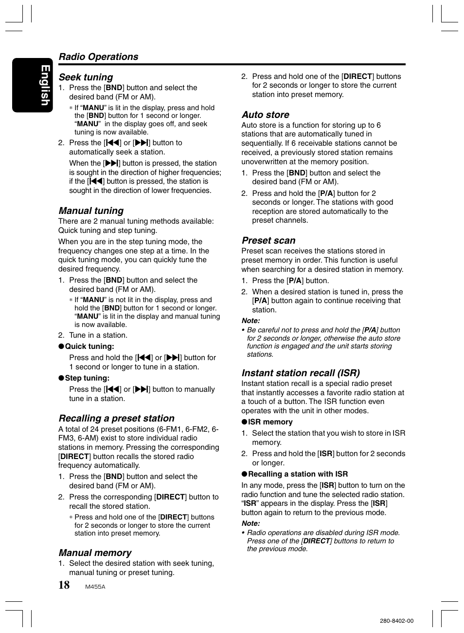 English, Radio operations seek tuning, Manual tuning | Recalling a preset station, Auto store, Preset scan, Instant station recall (isr) | Clarion M455A User Manual | Page 18 / 36