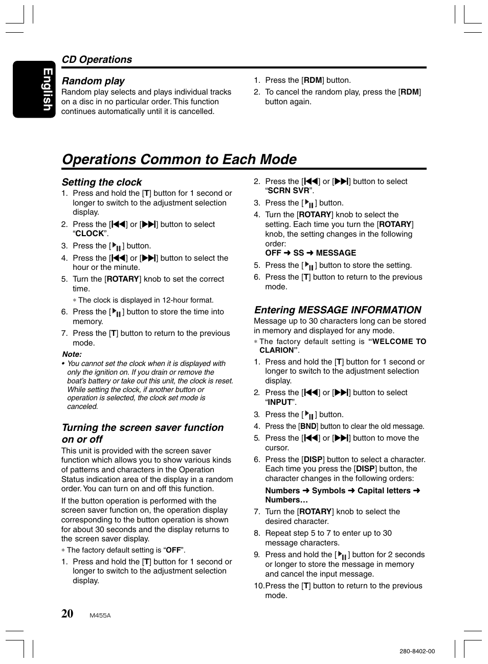 Operations common to each mode, English, Cd operations random play | Setting the clock, Turning the screen saver function on or off, Entering message information | Clarion M455A User Manual | Page 20 / 36