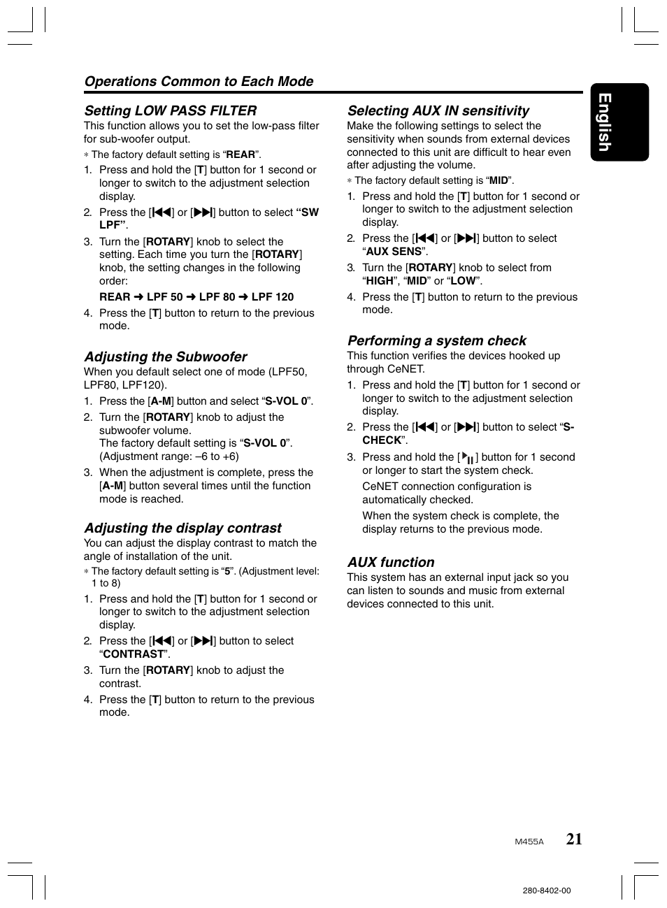 21 english, Adjusting the subwoofer, Adjusting the display contrast | Selecting aux in sensitivity, Performing a system check, Aux function | Clarion M455A User Manual | Page 21 / 36
