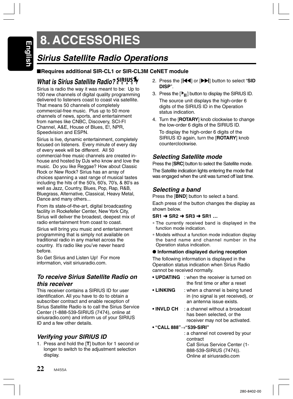 Accessories, Sirius satellite radio operations, English | What is sirius satellite radio, Verifying your sirius id, Selecting satellite mode, Selecting a band | Clarion M455A User Manual | Page 22 / 36
