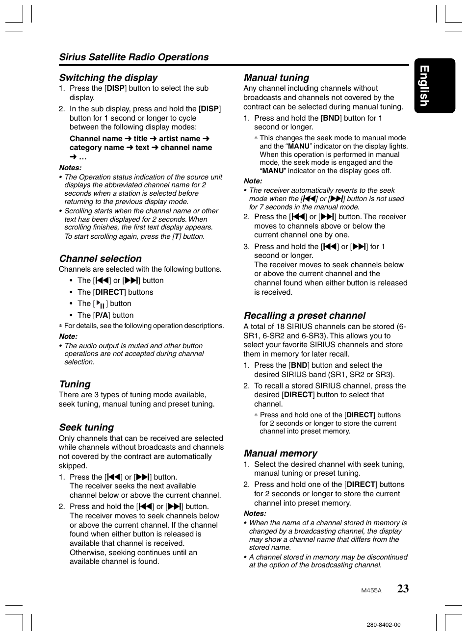23 english, Channel selection, Tuning | Seek tuning, Manual tuning, Recalling a preset channel | Clarion M455A User Manual | Page 23 / 36