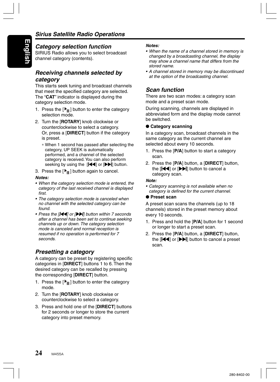 English, Receiving channels selected by category, Presetting a category | Scan function | Clarion M455A User Manual | Page 24 / 36