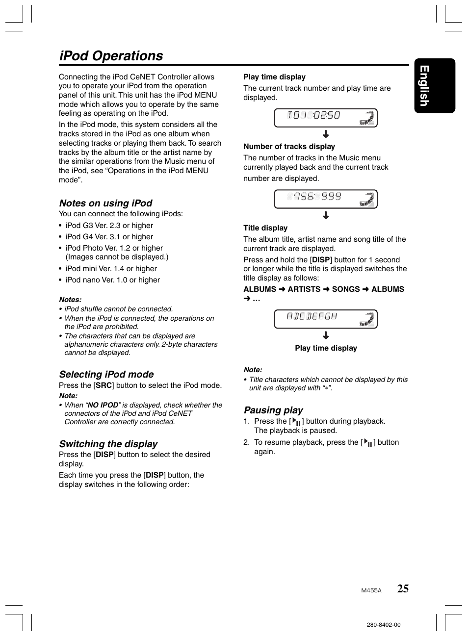 Ipod operations, 25 english, Selecting ipod mode | Switching the display, Pausing play | Clarion M455A User Manual | Page 25 / 36