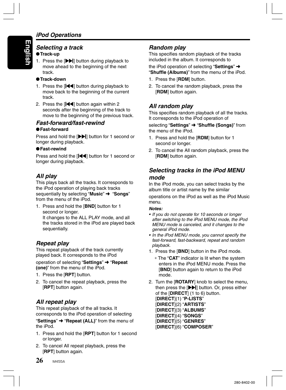 English, Selecting a track, Fast-forward/fast-rewind | All play, Repeat play, All repeat play, Ipod operations random play, All random play, Selecting tracks in the ipod menu mode | Clarion M455A User Manual | Page 26 / 36