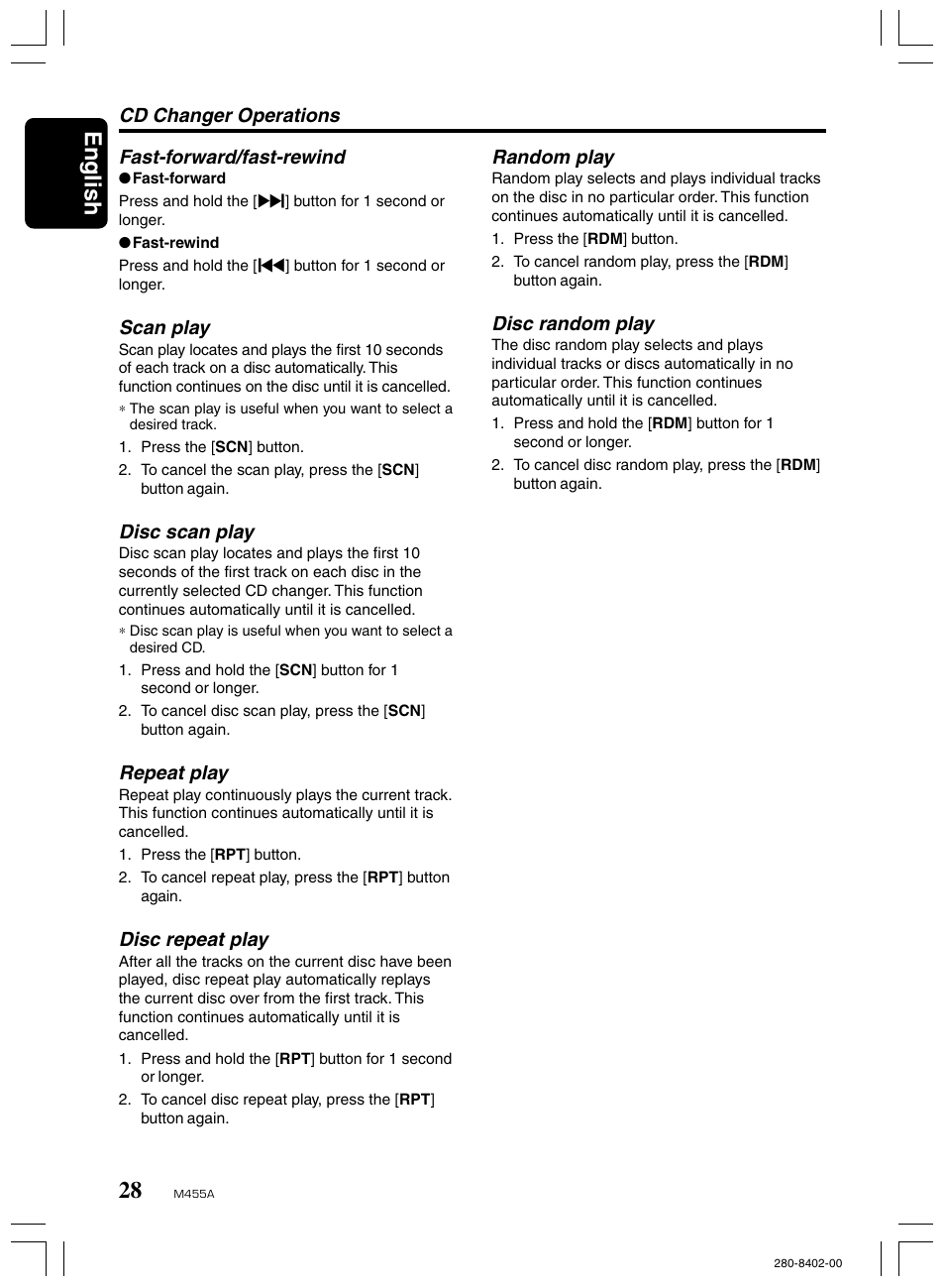 English, Cd changer operations fast-forward/fast-rewind, Scan play | Disc scan play, Repeat play, Disc repeat play, Random play, Disc random play | Clarion M455A User Manual | Page 28 / 36