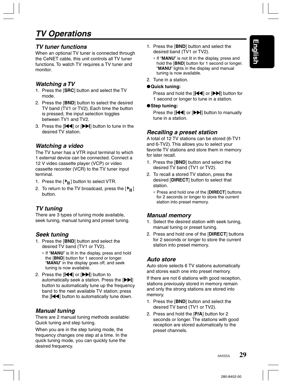 Tv operations, 29 english, Tv tuner functions | Watching a tv, Watching a video, Tv tuning, Seek tuning, Manual tuning, Recalling a preset station, Auto store | Clarion M455A User Manual | Page 29 / 36