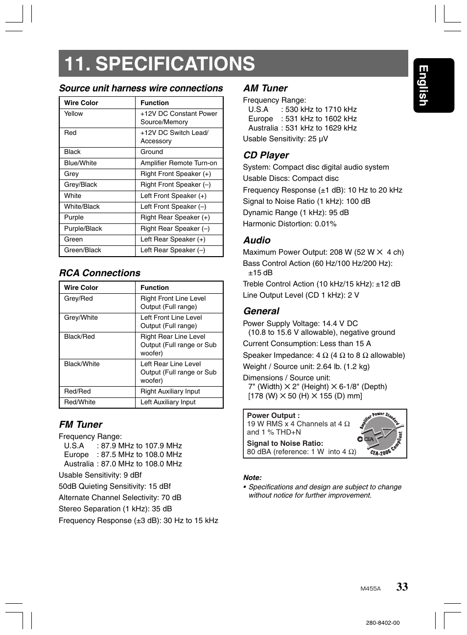 Specifications, 33 english, Am tuner | Cd player, Audio, General, Fm tuner | Clarion M455A User Manual | Page 33 / 36