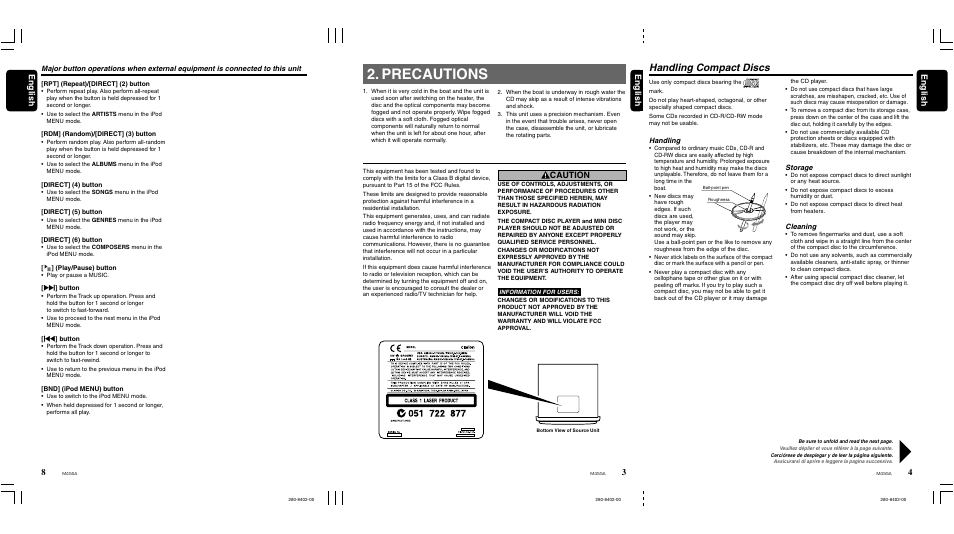 Precautions, Handling compact discs, 3english english english | Caution, Handling, Storage, Cleaning | Clarion M455A User Manual | Page 4 / 36