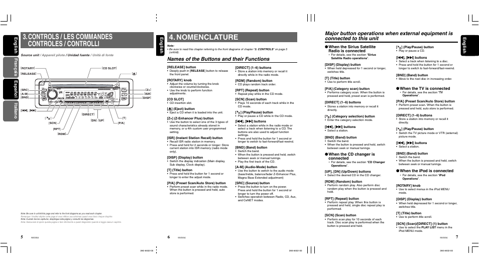 Names of the buttons and their functions, English français español italiano english english, English | When the tv is connected, When the ipod is connected, When the sirius satellite radio is connected, When the cd changer is connected | Clarion M455A User Manual | Page 7 / 36