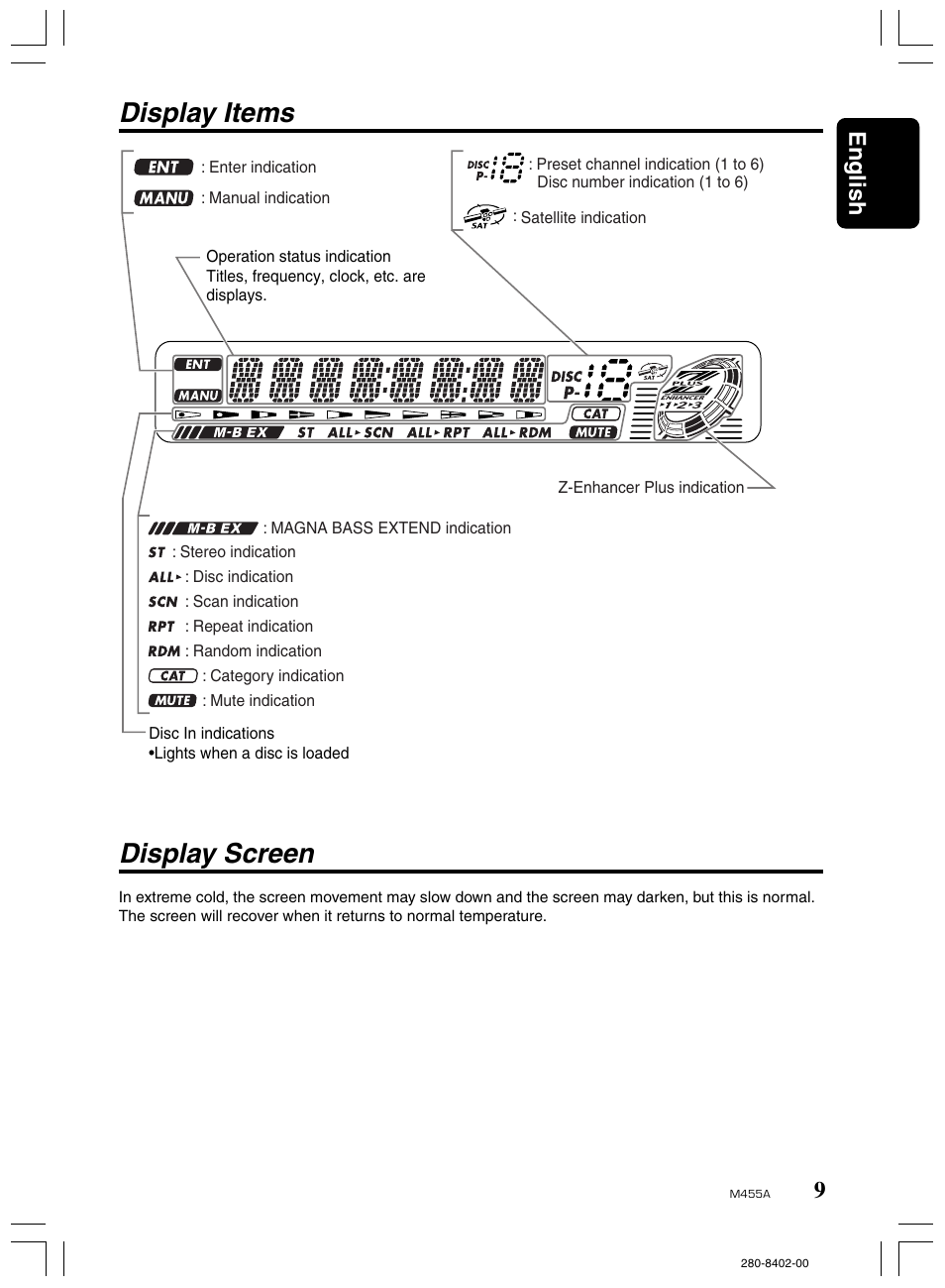 Display screen, Display items, 9english | Clarion M455A User Manual | Page 9 / 36