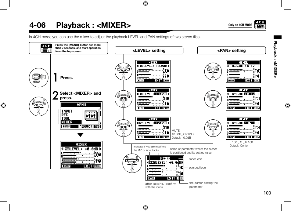 06 playback : <mixer | Zoom H4n User Manual | Page 101 / 156