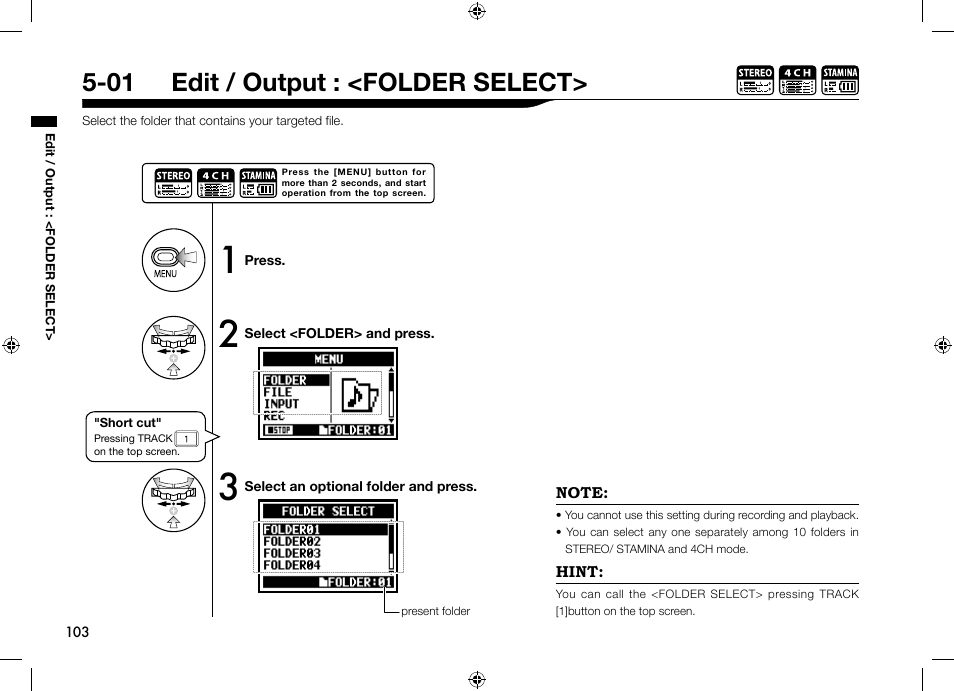 01 edit / output : <folder select | Zoom H4n User Manual | Page 104 / 156