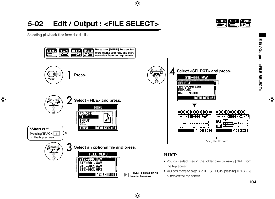 02 edit / output : <file select | Zoom H4n User Manual | Page 105 / 156