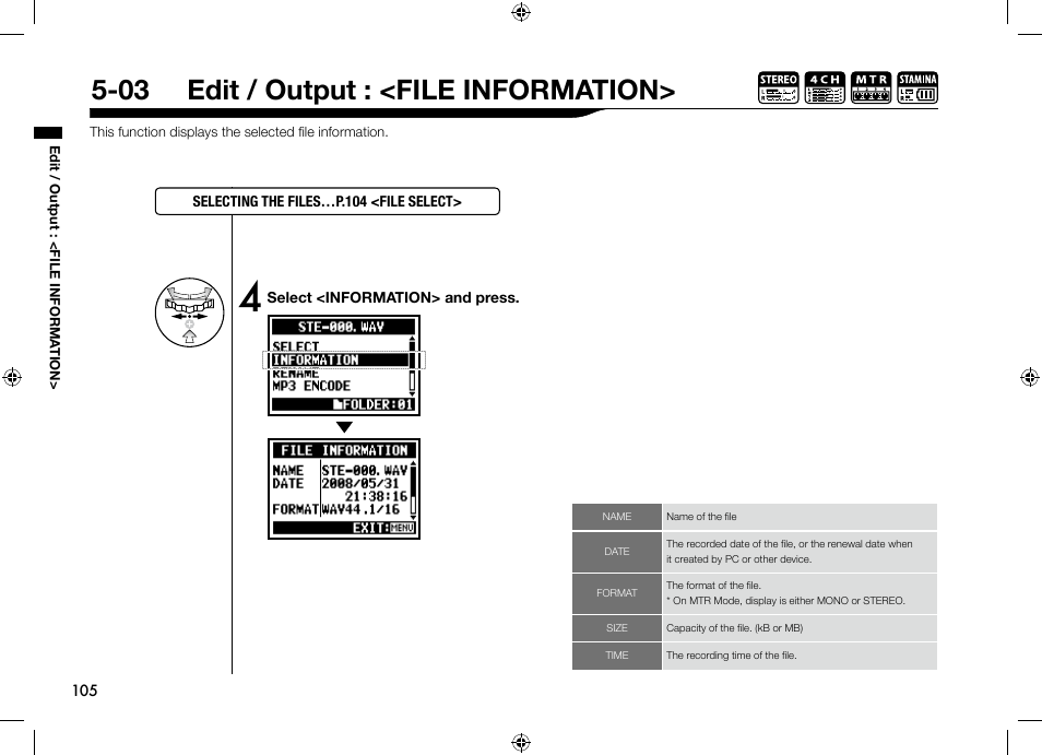 03 edit / output : <file information | Zoom H4n User Manual | Page 106 / 156